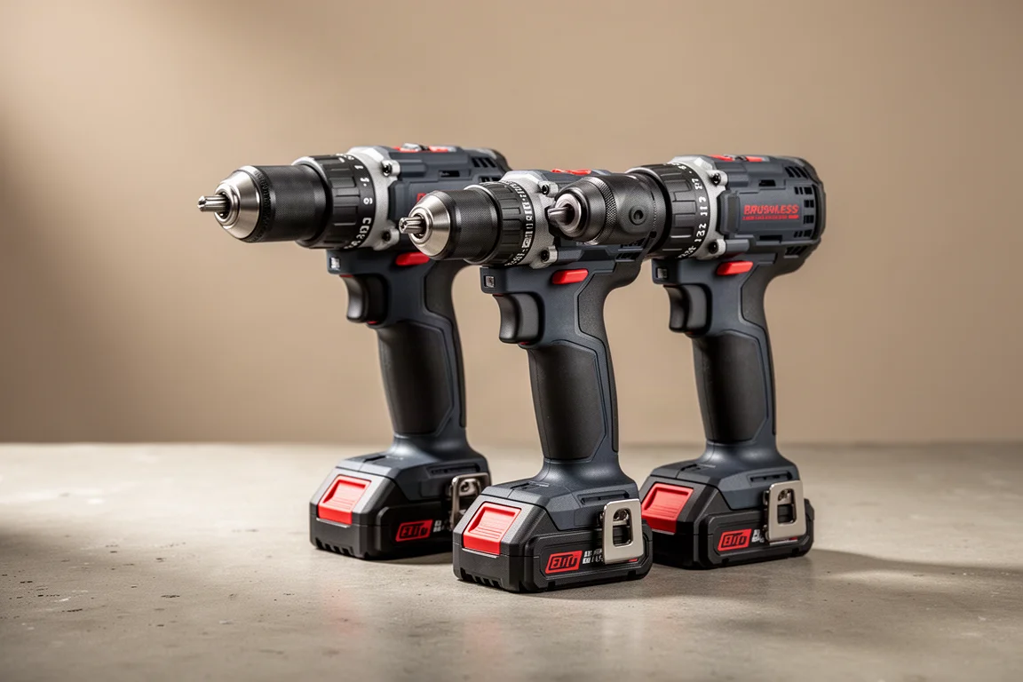 Two compact cordless hammer drills side by side on a concrete workshop surface