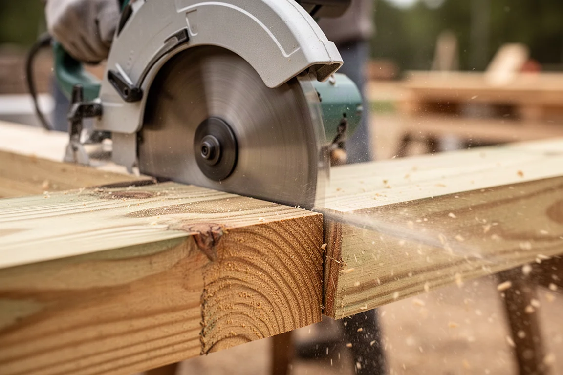 Kreissäge mittig im Schnitt durch dickes druckimprägniertes Holz mit fliegendem Sägemehl