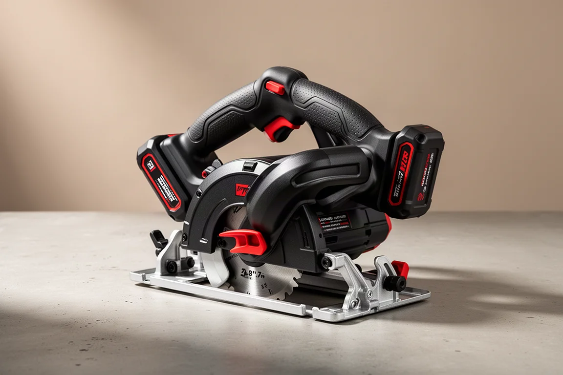 Rear handle cordless circular saw with magnesium shoe on concrete surface