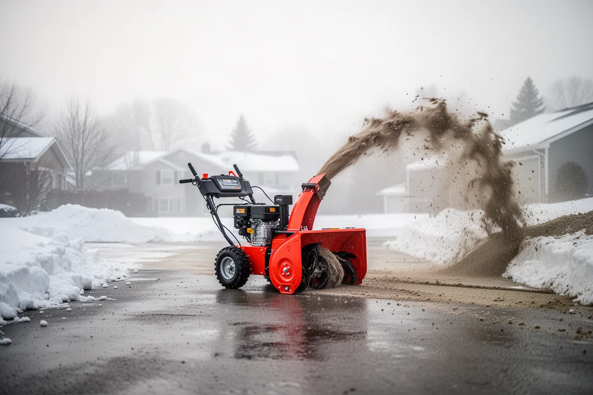 Sneeuwblazer in één fase ruimt zwaar nat materiaal van een breed oprijpad