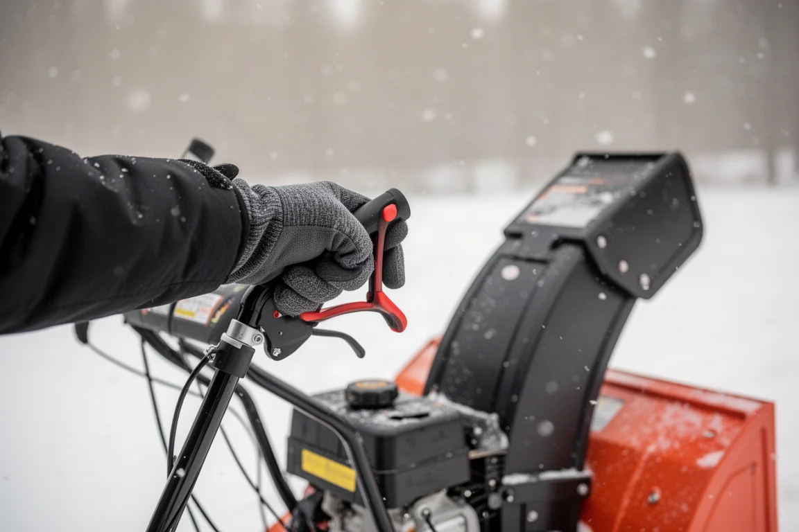 Hand stelt de tandwielgedreven draaiknop van de uitworp van een sneeuwblazer bij