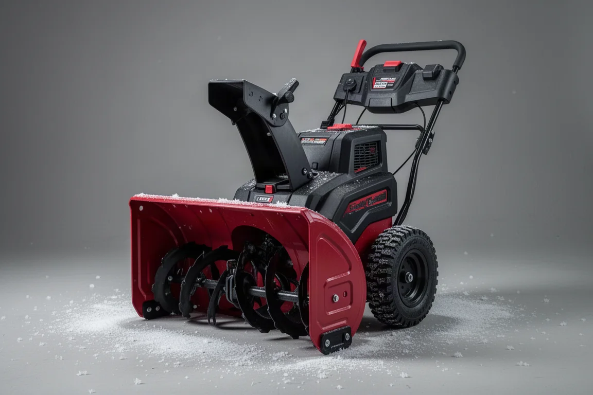 Single stage dual battery snowblower with wide intake throat on a frosted grey backdrop