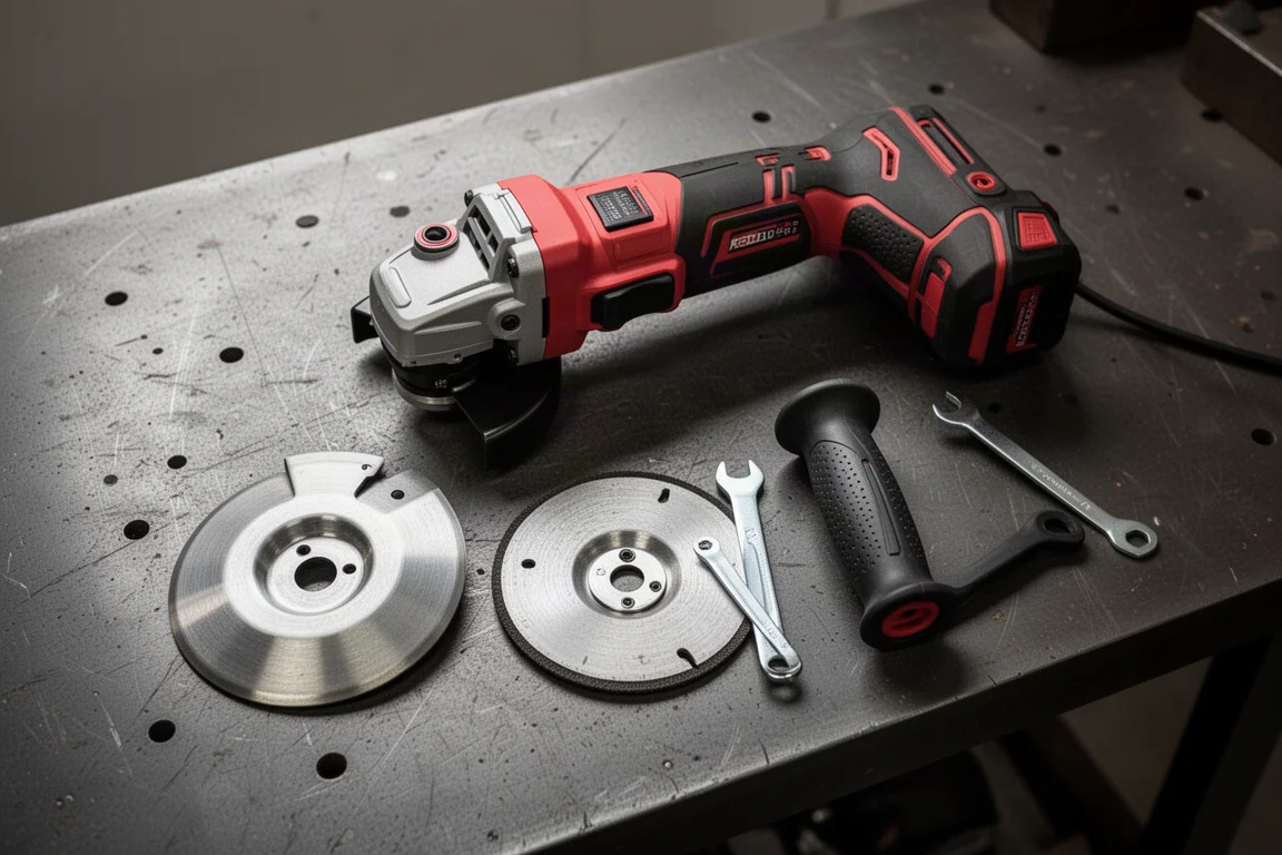 Cordless angle grinder with its box contents laid out on a workbench