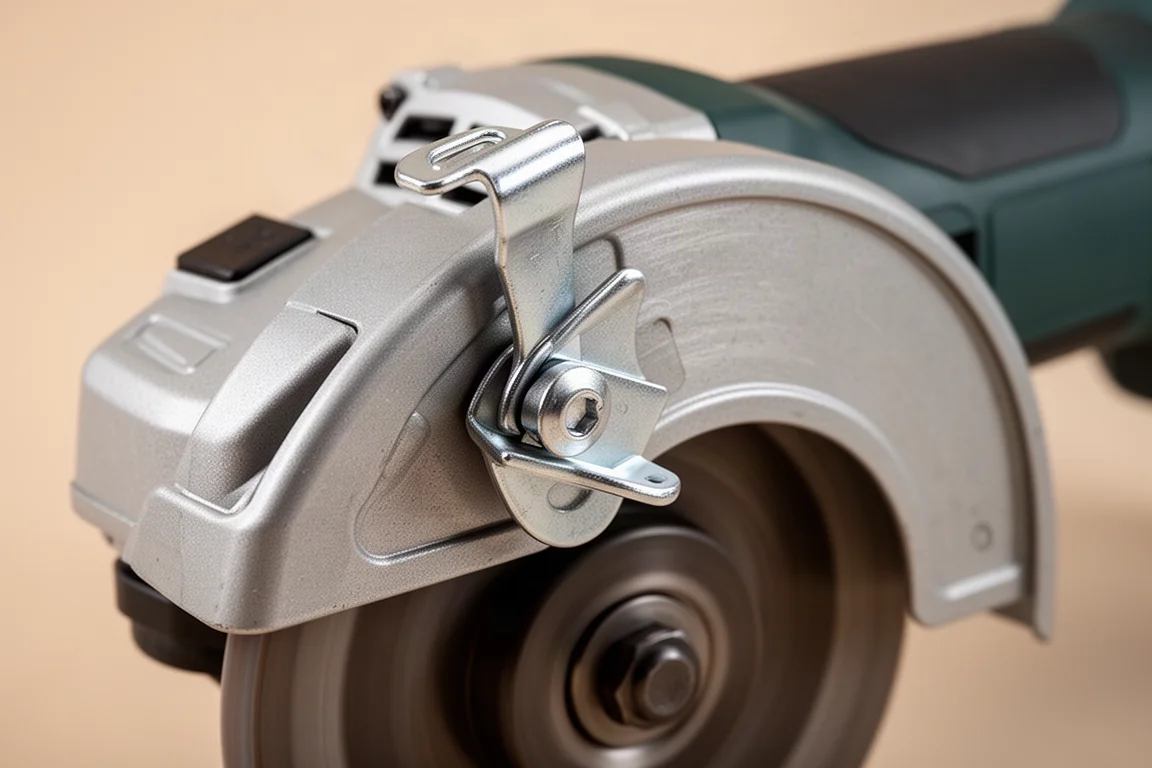 Close-up of a tool-free wheel guard lever on an angle grinder