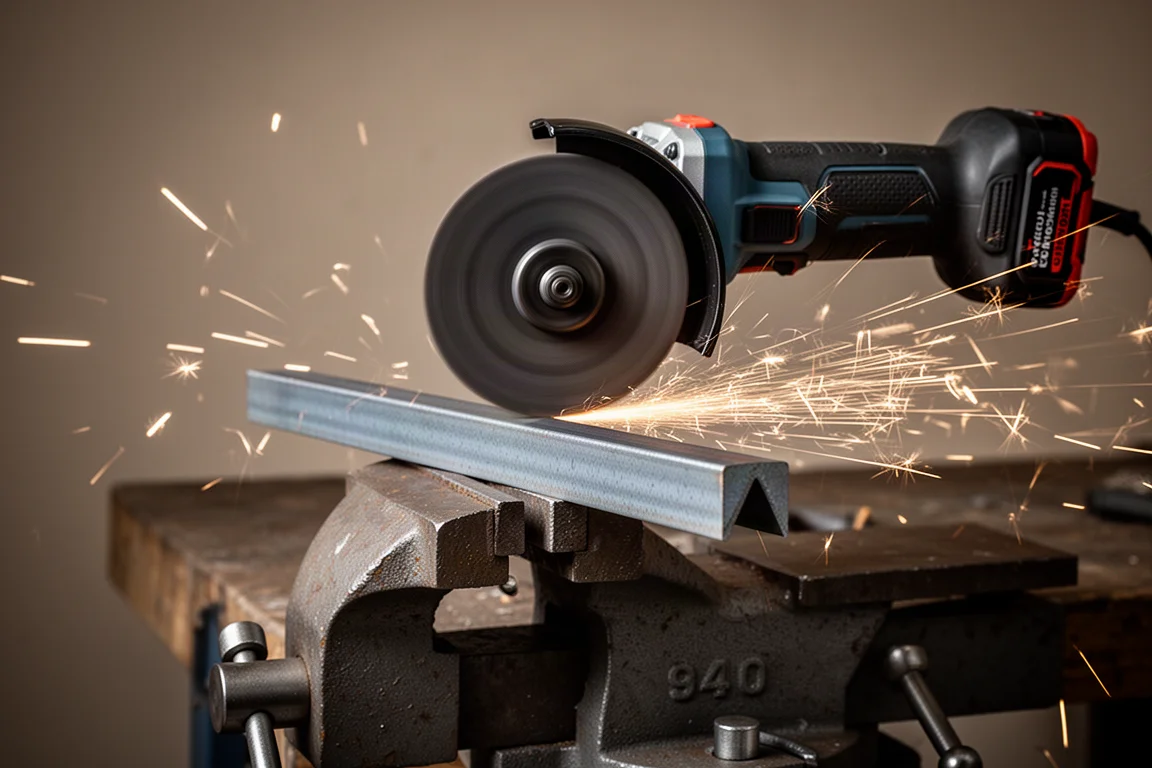 Grinder disc spinning against steel angle iron with sparks in a workshop