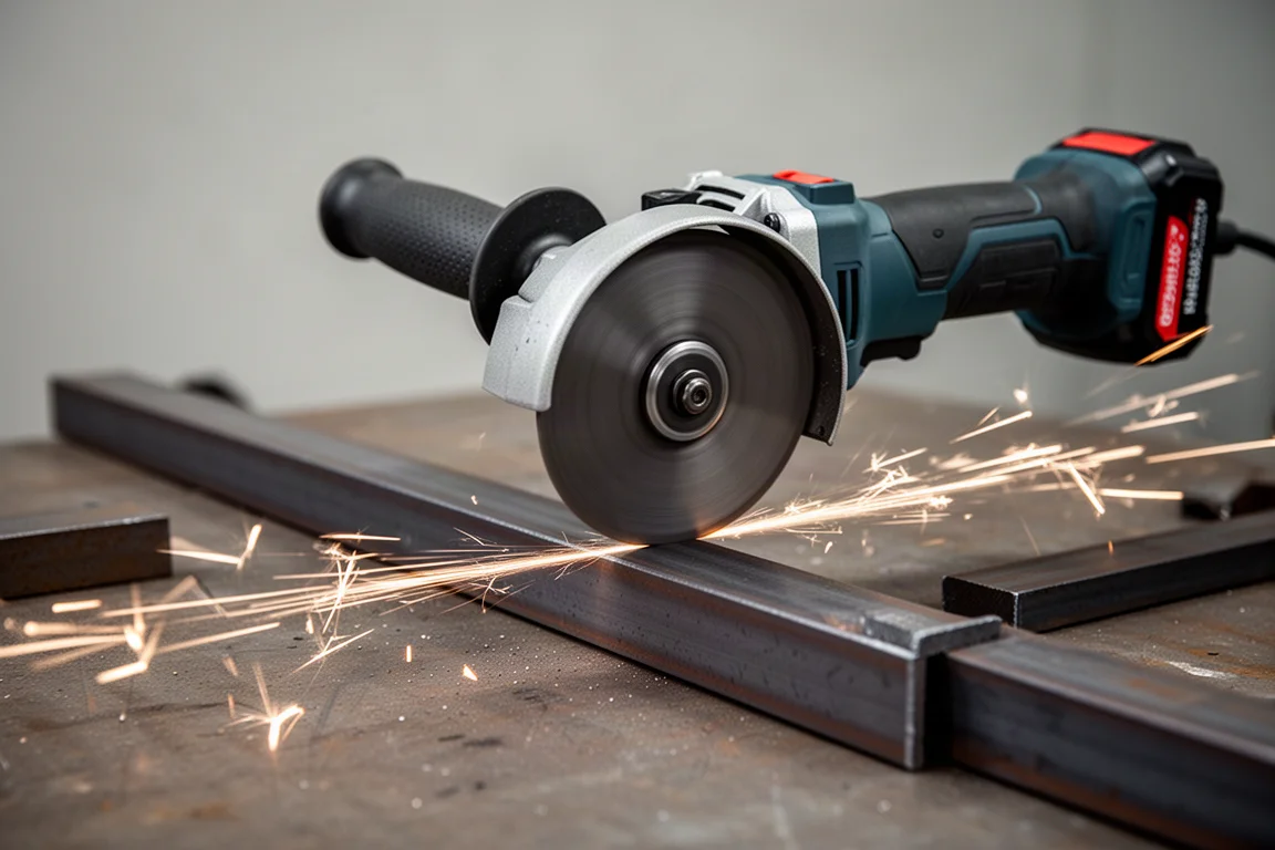 Angle grinder cutting through steel with a cut-off wheel, sparks flying