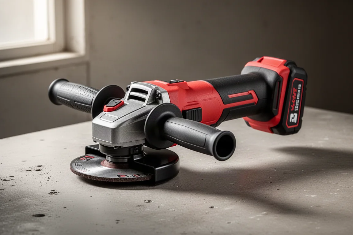 Milwaukee M18 Fuel cordless angle grinder on a concrete workshop surface