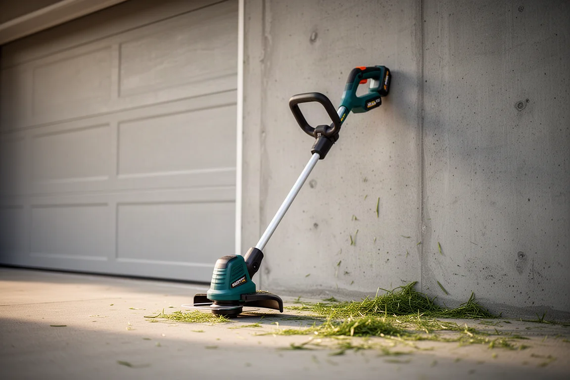 Battery string trimmer leaning against a garage wall in soft morning light