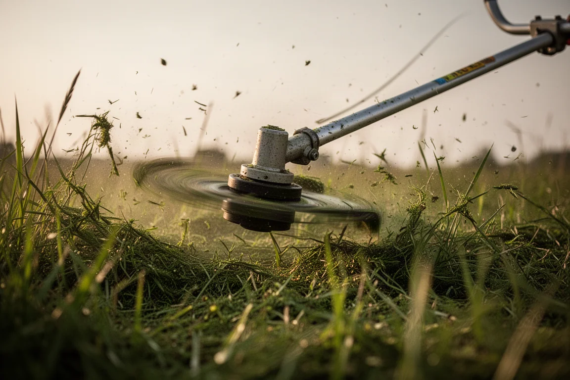 Trimmer head cutting through thick grass with debris flying
