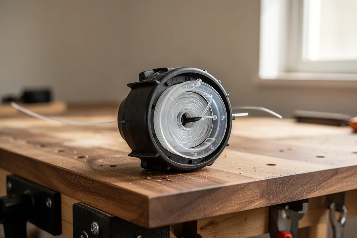 Bump feed trimmer head resting on a workshop bench