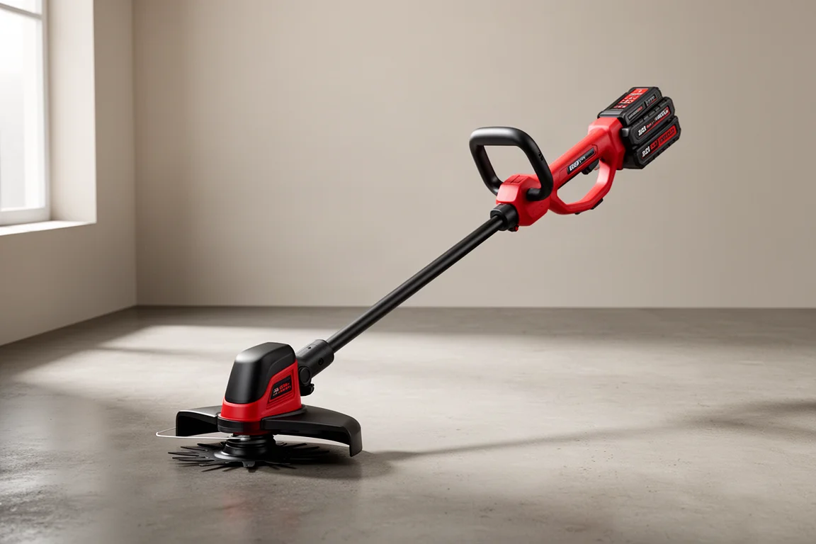 Decespugliatore Milwaukee M18 Fuel a doppia batteria su un pavimento in cemento