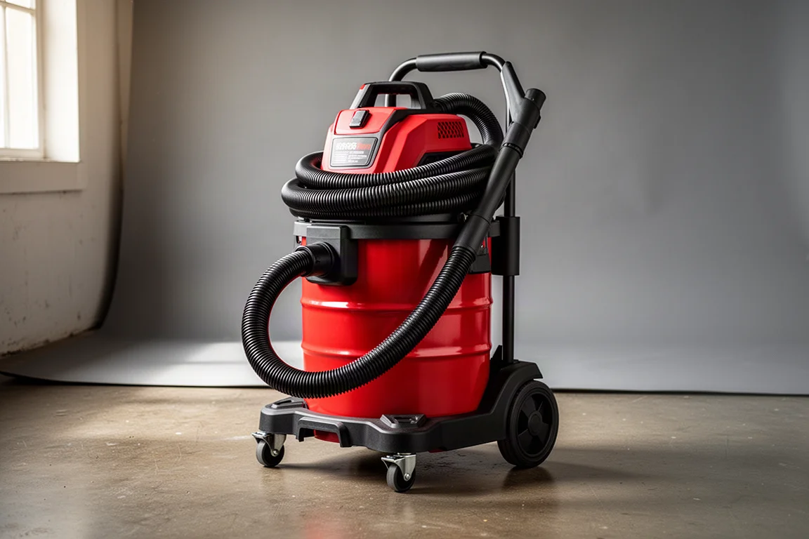 Red and black cordless six-gallon wet/dry shop vacuum on a wheeled cart