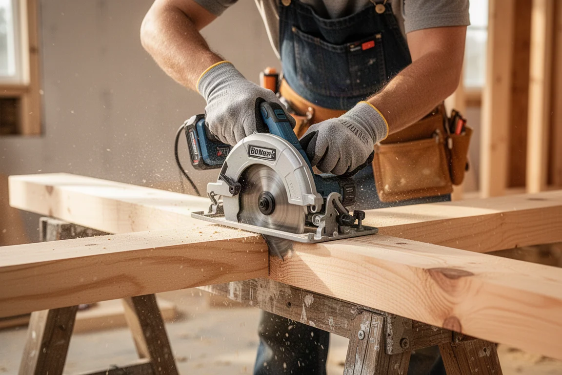 Framer cutting dimensional lumber on a job site in warm daylight