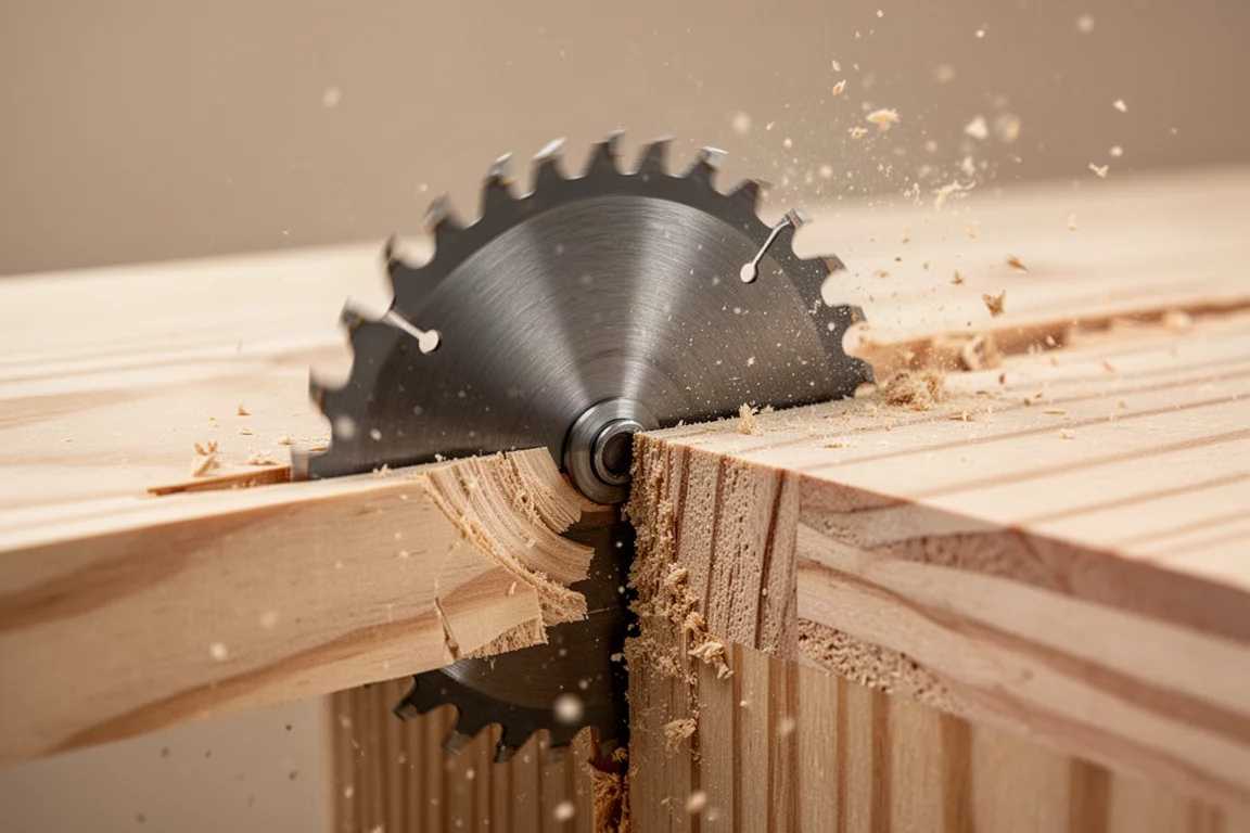 Close-up of a circular saw blade binding in a cut with sawdust flying