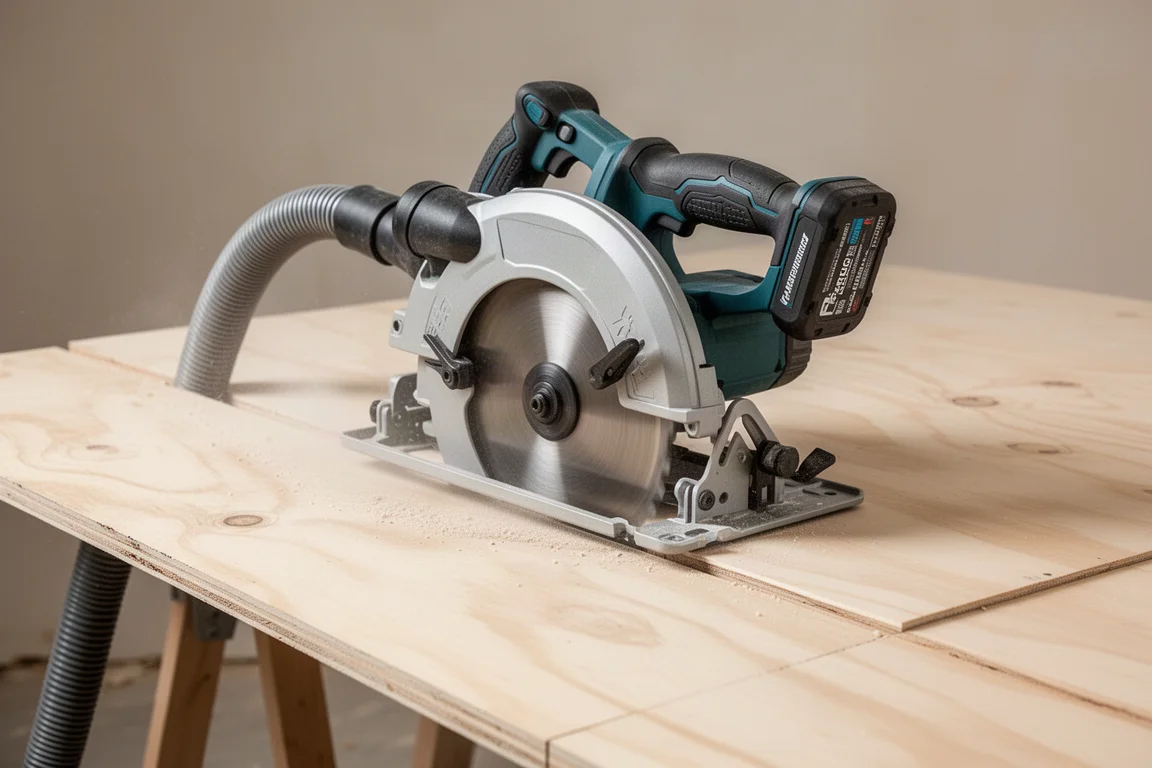 Dust extractor hose connected to a circular saw during an indoor cut