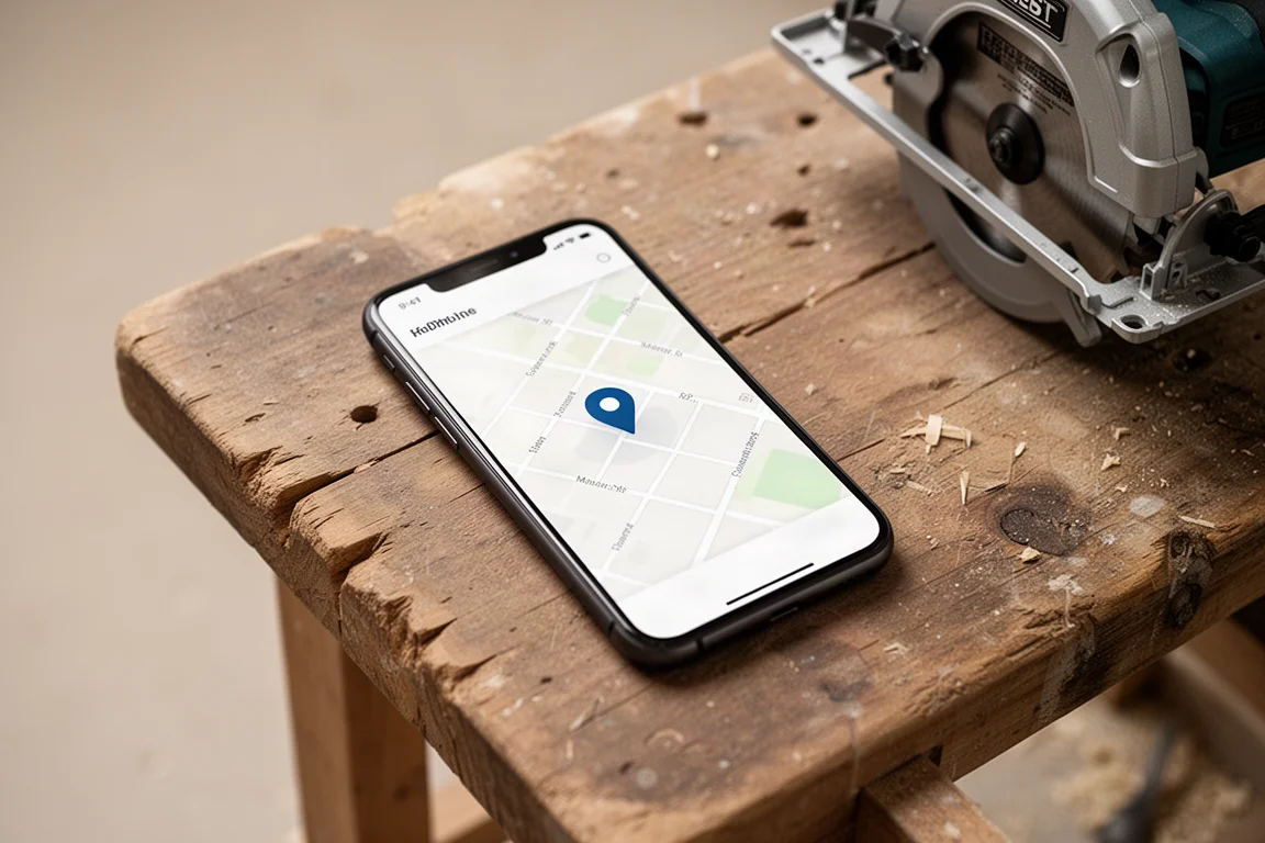 Smartphone app screen showing tool tracking location on a map
