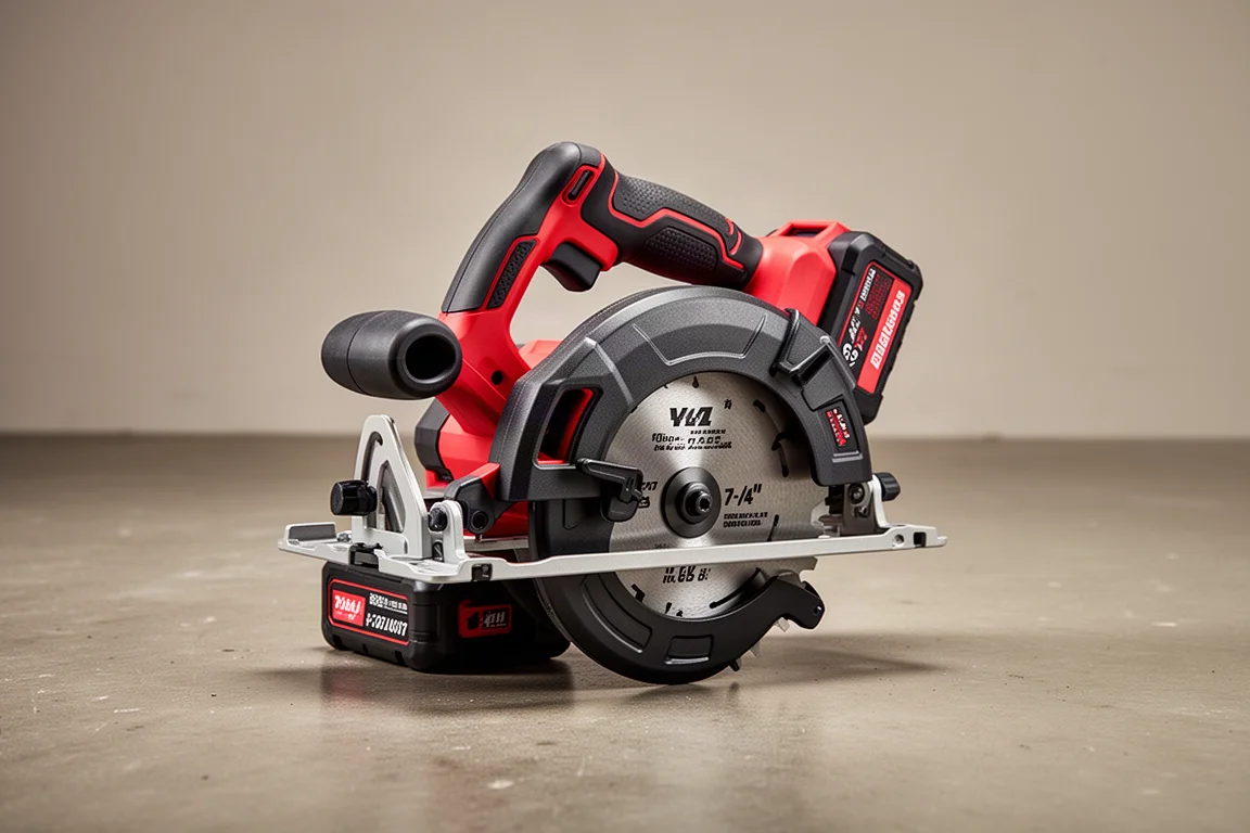 Red and black cordless rear handle circular saw on a concrete workshop floor