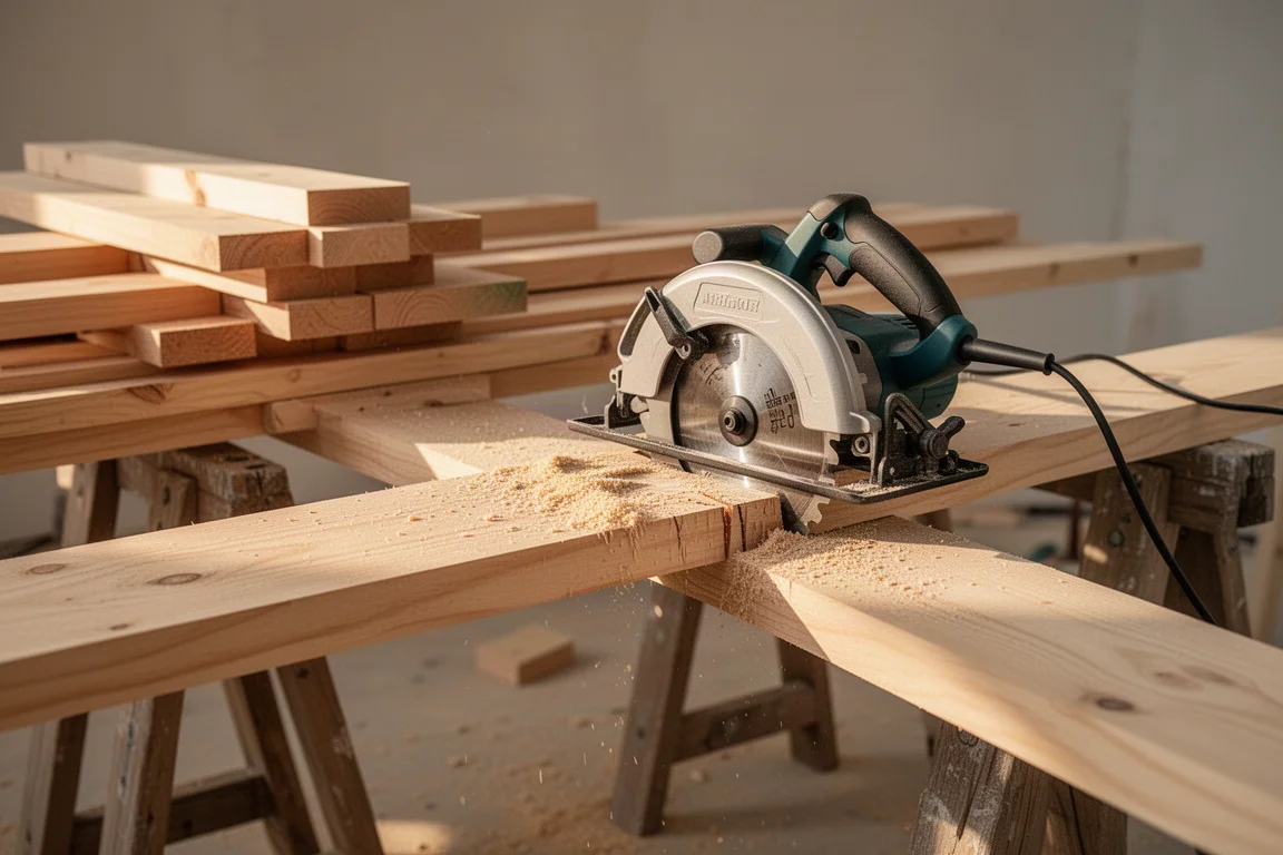 Carpenter cutting lumber on a job site with sawdust in the air