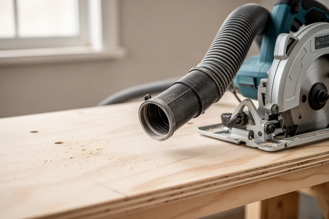 Dust extractor hose connected to a circular saw on a workbench