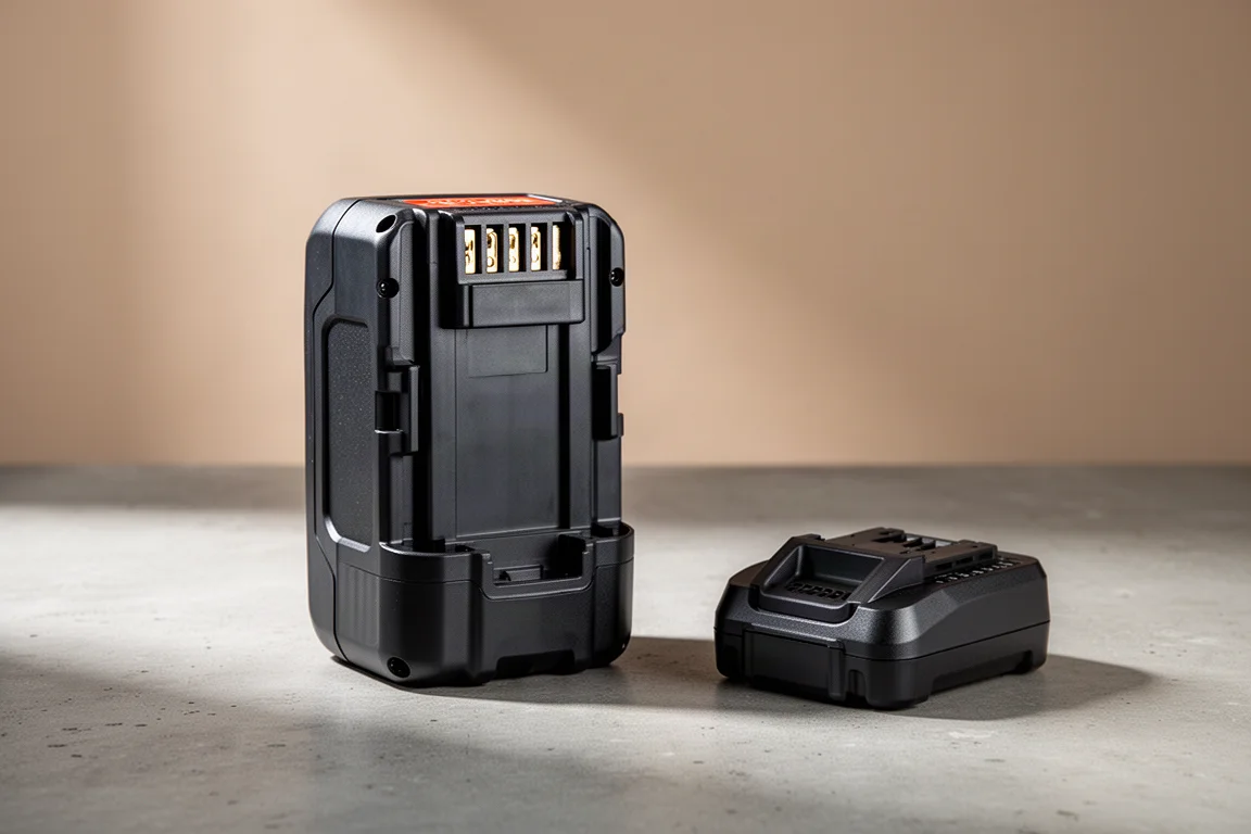 Large cordless power tool battery standing on a concrete floor