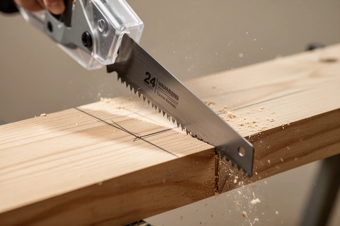 Circular saw blade mid-cut through thick lumber with clear cut line