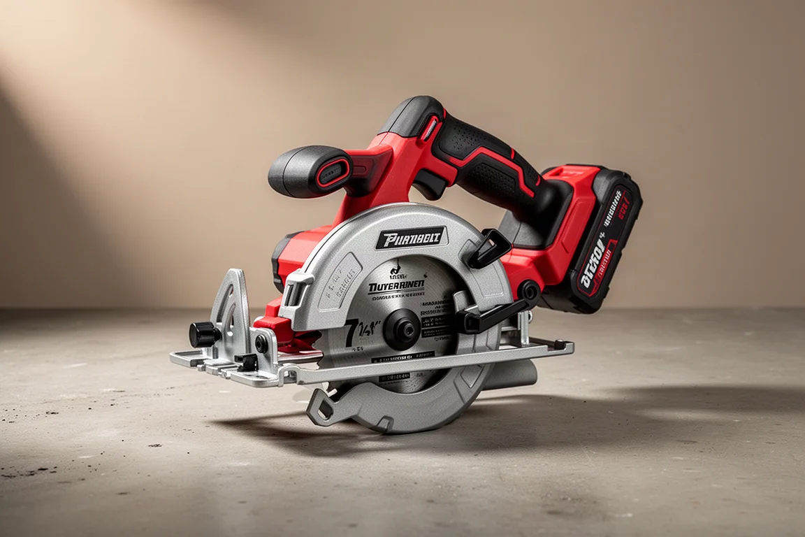 Red and black cordless 7-1/4 inch circular saw on a concrete workshop surface