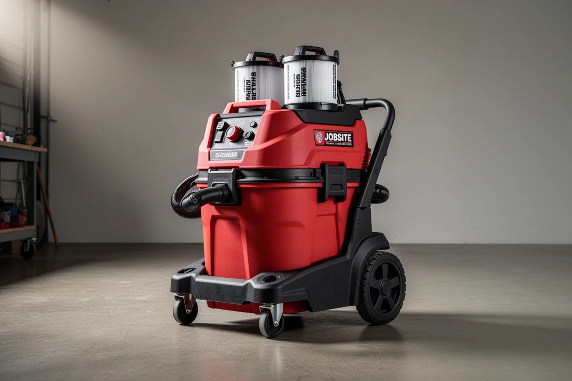 Red and black 9-gallon cordless dust extractor on a concrete workshop floor