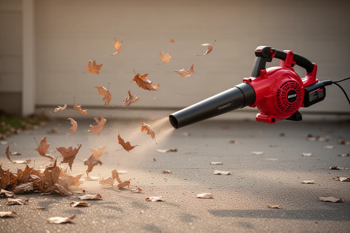Handheld cordless blower clearing dry leaves off a paved driveway