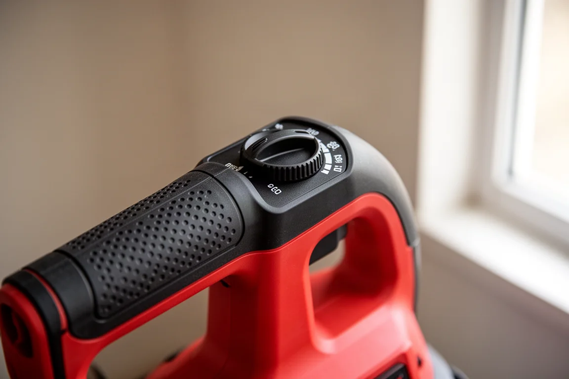 Close-up of a variable speed control dial on a blower handle