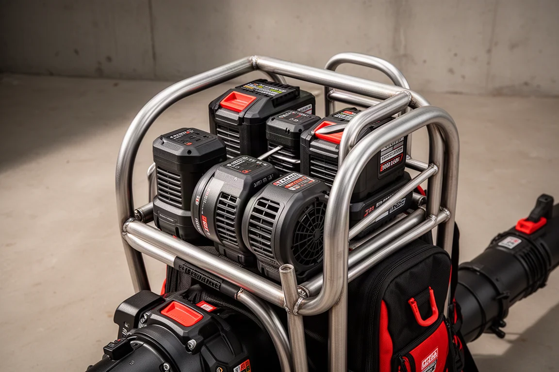Backpack blower batteries protected inside an open roll cage frame