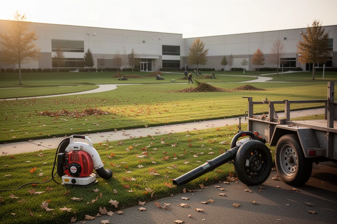 Landscaping crew working area with backpack blower on a large lawn