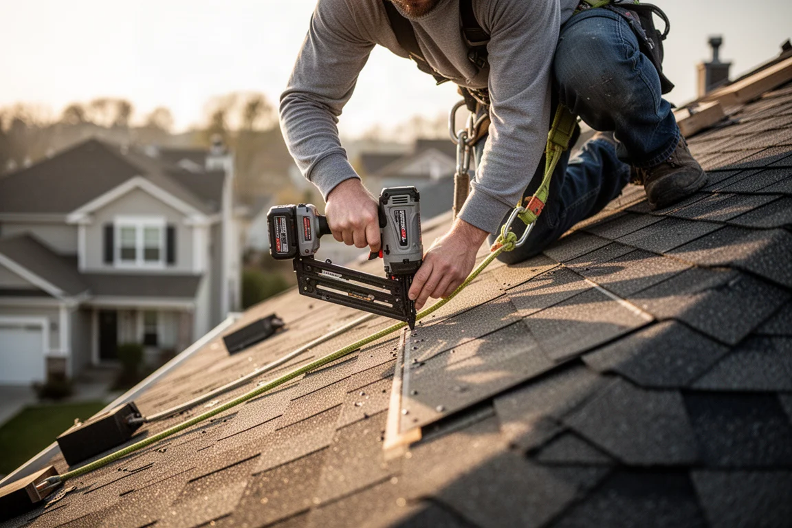 Roofer fastening shingles along the edge of a steep roof in daylight