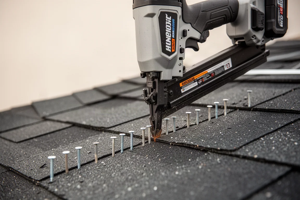 Cordless nailer driving a coil nail into roofing underlayment on a rooftop