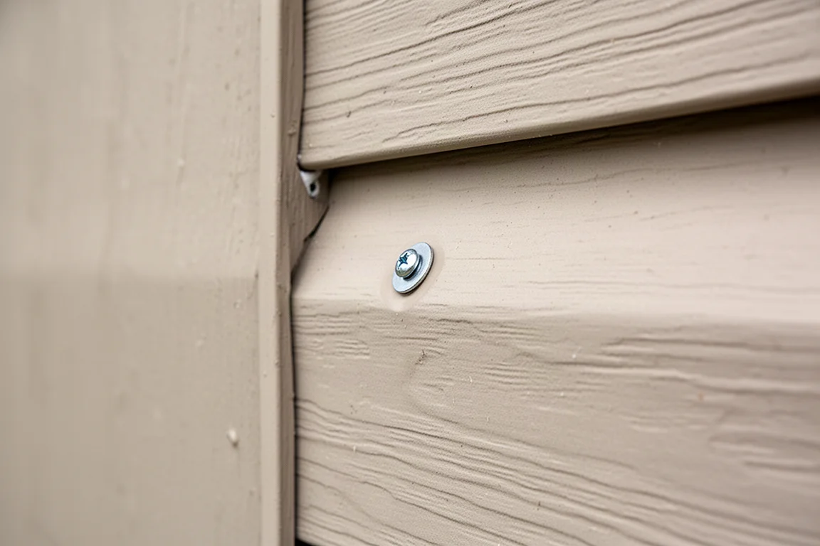 Vinyl siding panel being fastened to a house wall with a nail sitting slightly proud