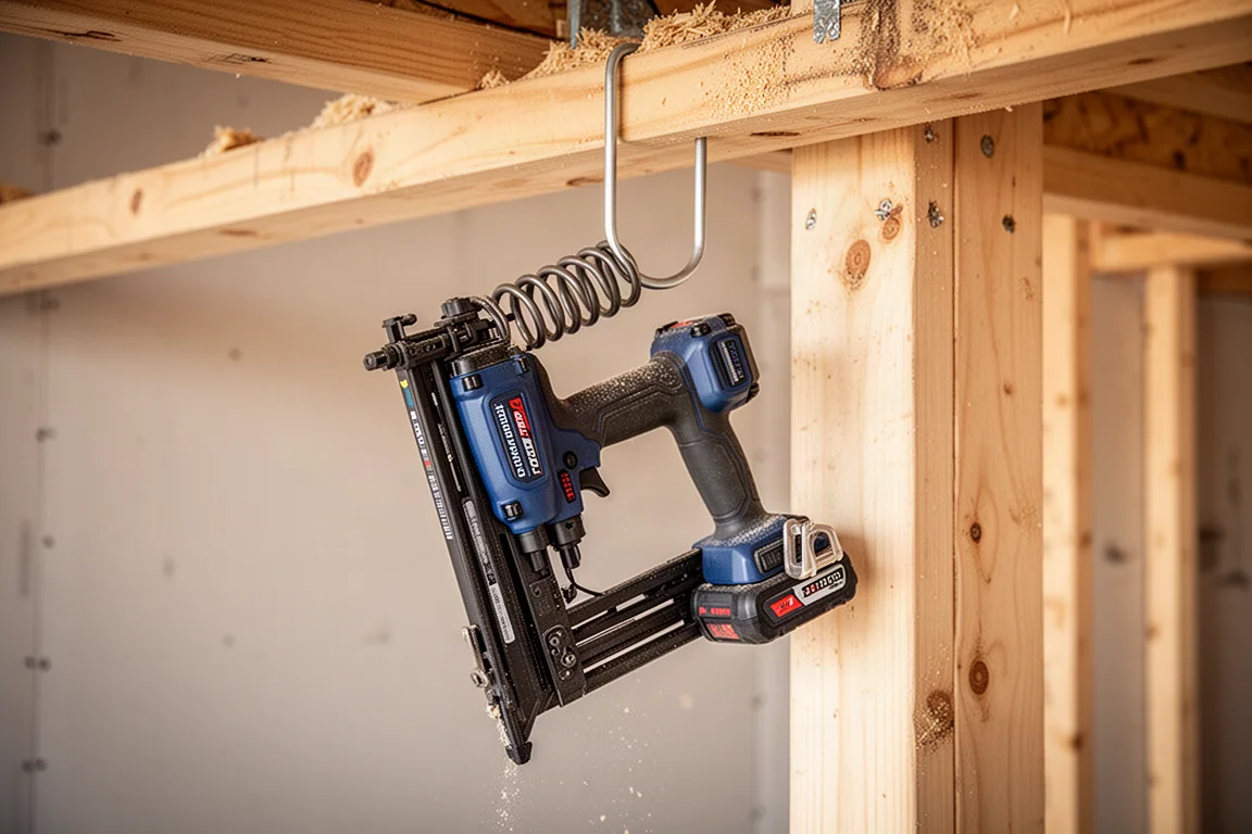 Nailer resting on a rafter hook at a jobsite workbench