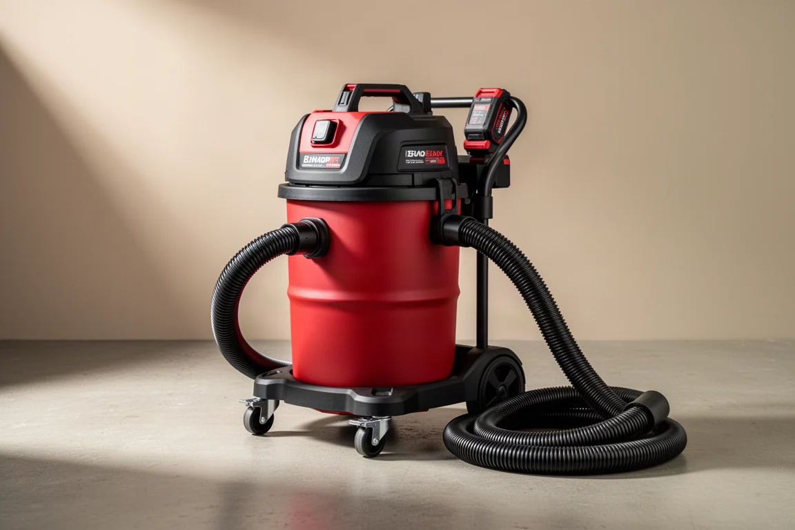 Cordless wet/dry shop vacuum with red tub, cart, and hose on concrete