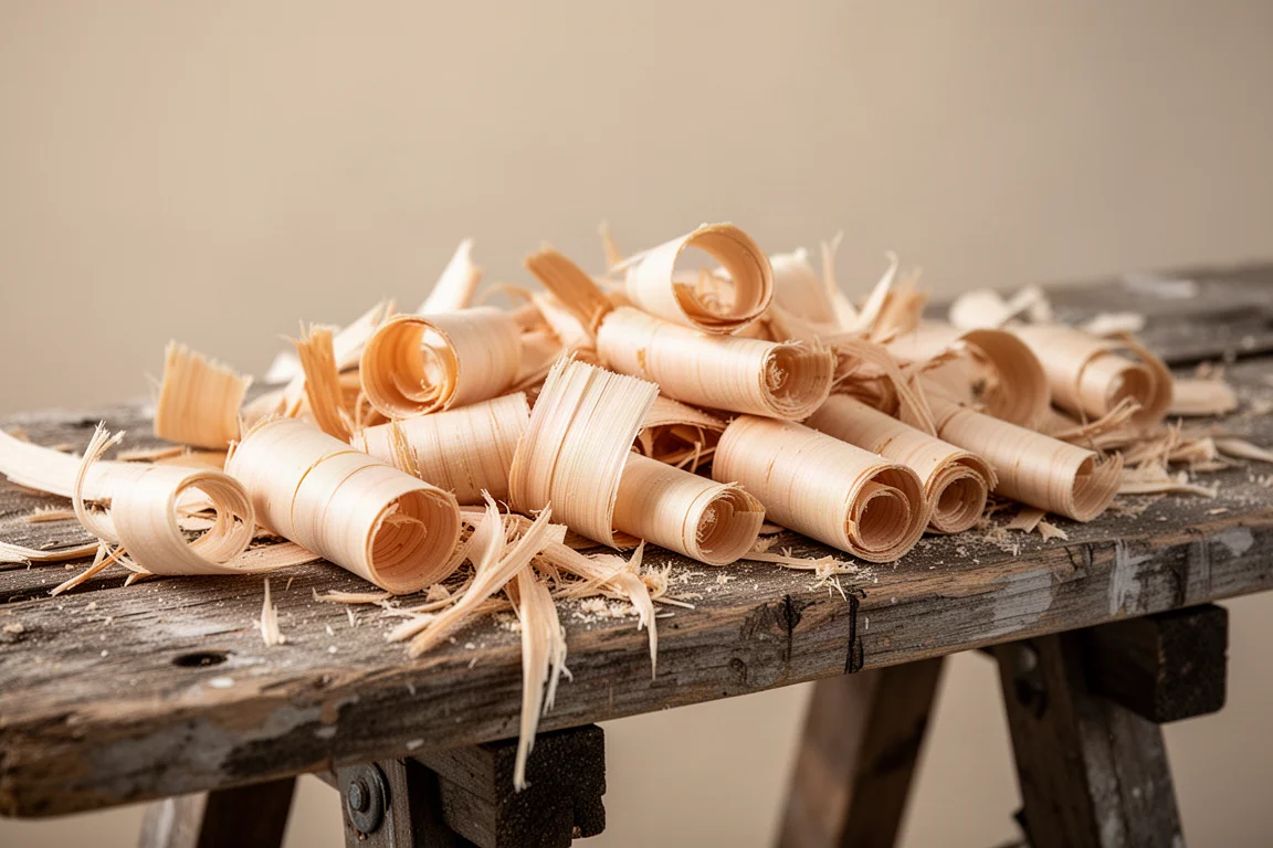 Trucioli di legno freschi sparsi su un cavalletto dopo il taglio