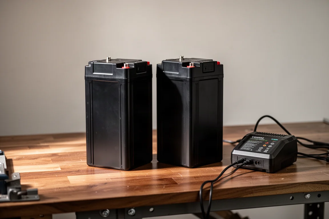 Gran pacco batteria al litio appoggiato su un banco di lavoro