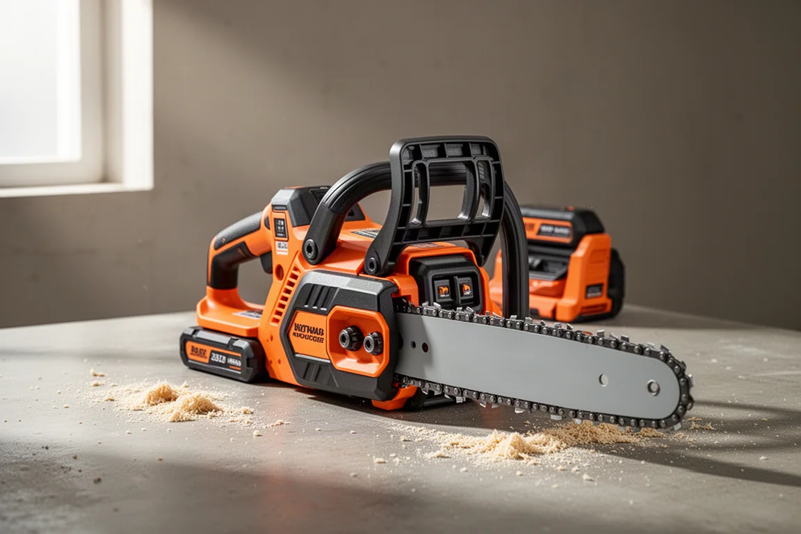 Milwaukee M18 FUEL dual battery chainsaw on a concrete workshop surface with sawdust