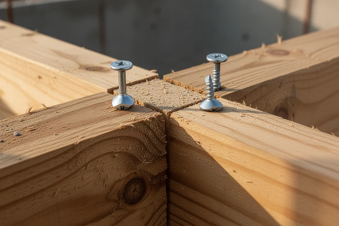 Drewniany panel szalunku betonowego połączony gwoździami duplex o dużych łapkach