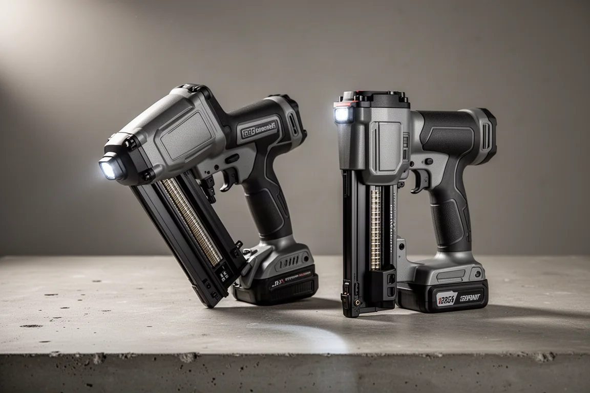 Two cordless Milwaukee finish nailers side by side on a concrete surface
