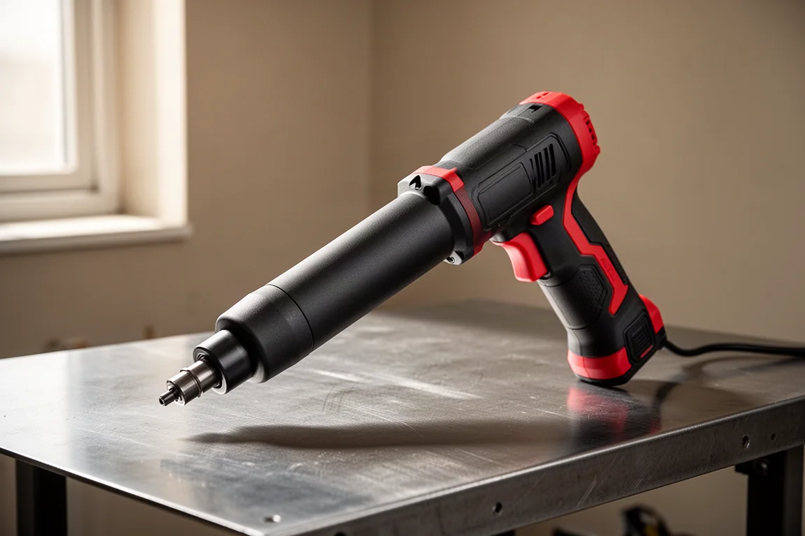 Cordless die grinder standing at an angle on a brushed steel workbench