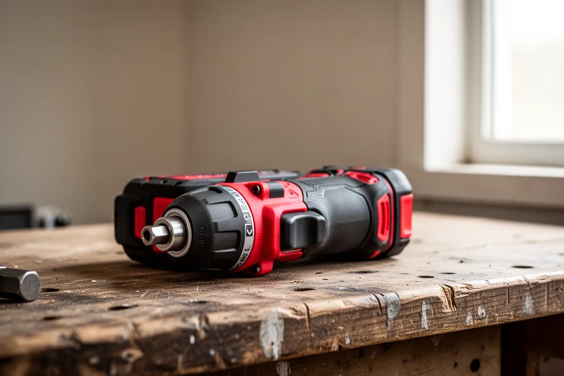 Milwaukee M18 Fuel Gen 4 impact driver vilande på en verkstadsbänk