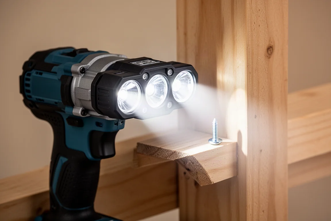 Närbild på en tri-beam LED-arbetslampa som lyser upp en fästelement på en borr
