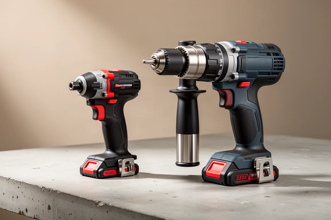 Milwaukee M18 Fuel 第四代衝擊起子機與鎚鑽放置於混凝土表面上