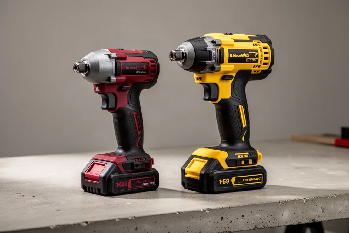 Milwaukee 與 DeWalt 起子機並排放置在水泥工作檯上