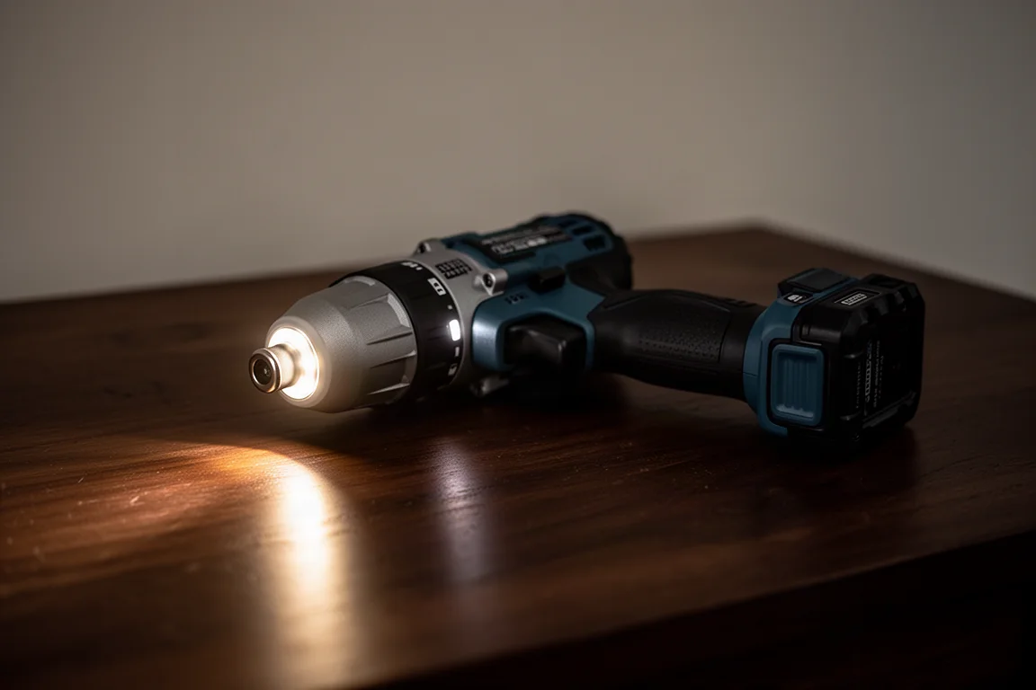 Luci LED anteriori di un avvitatore a impulsi che illuminano una superficie di lavoro in condiciones di scarsa luminosità