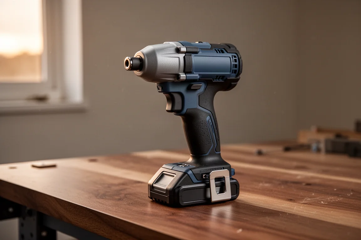Avvitatore a impulsi con batteria impugnato comodamente su una bottega