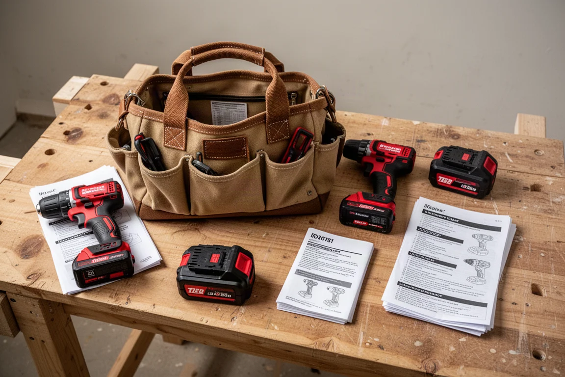 Contractor opening a canvas tool bag on a workbench revealing two cordless tools and batteries