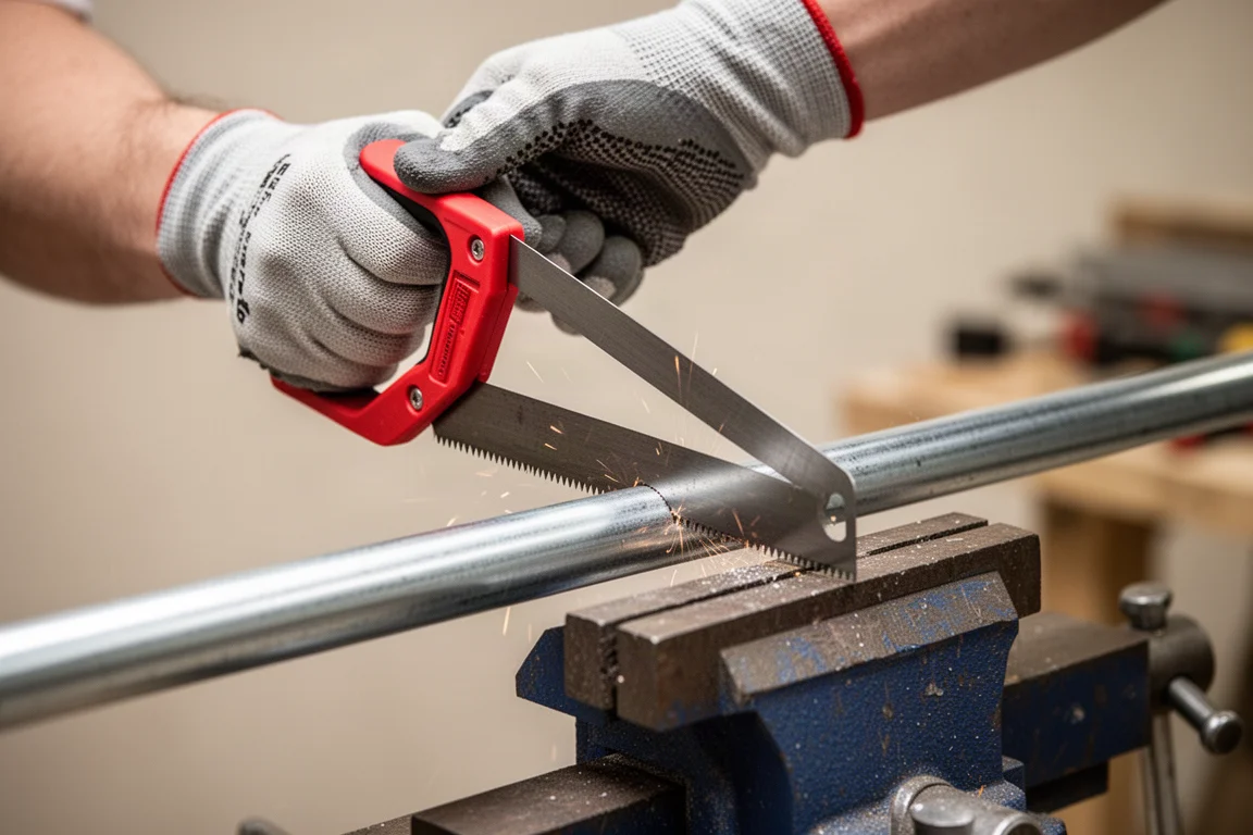 One-handed use of a cordless hacksaw cutting through metal stock in a workshop